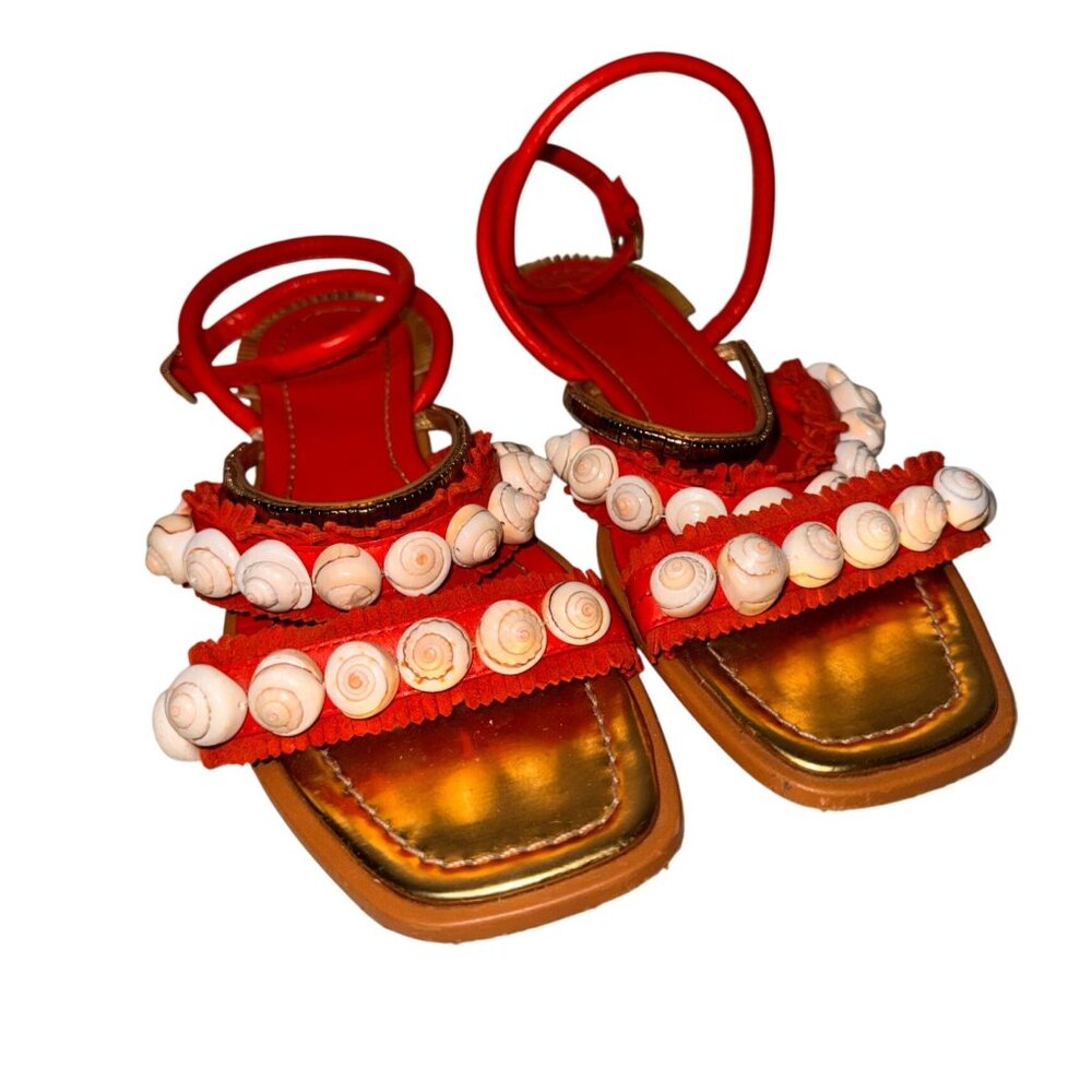 Tory Burch Shell Embellished Red Strappy Sandals Gold Accents Size 9